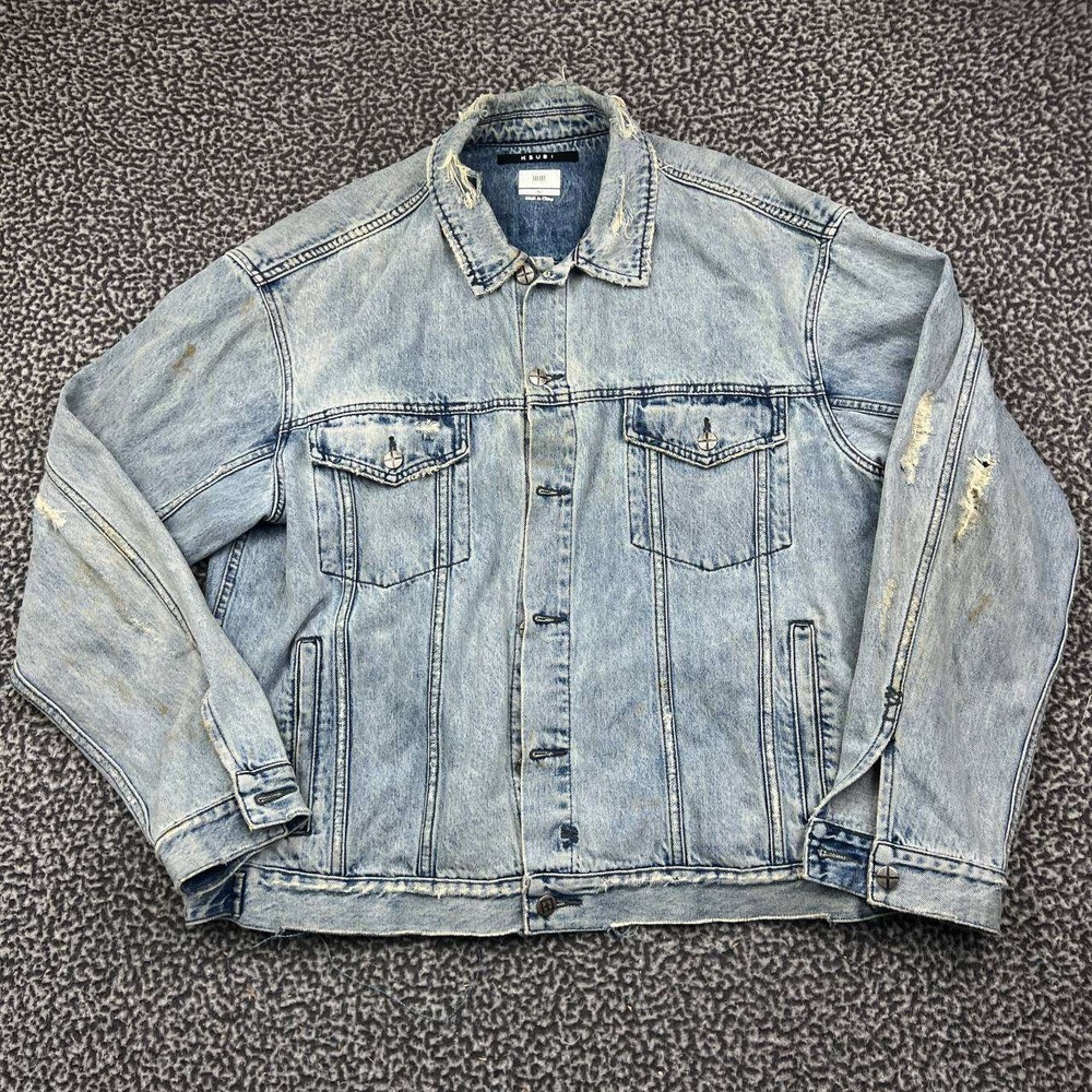 Ksubi Denim Trucker Jacket Men Extra Large Blue Distressed Light Wash Pockets XL